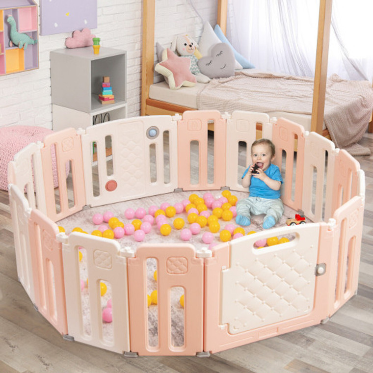 16 Panels Baby Safety Playpen With Drawing Board-Pink BS10009PI