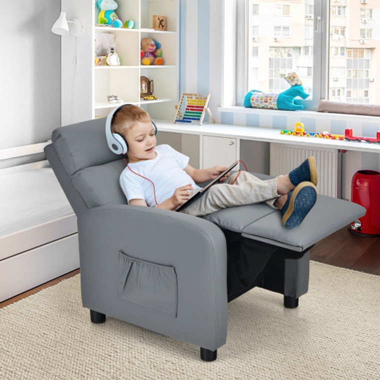 Ergonomic Pu Leather Kids Recliner Lounge Sofa For 3-12 Age Group-Gray HV10099GR
