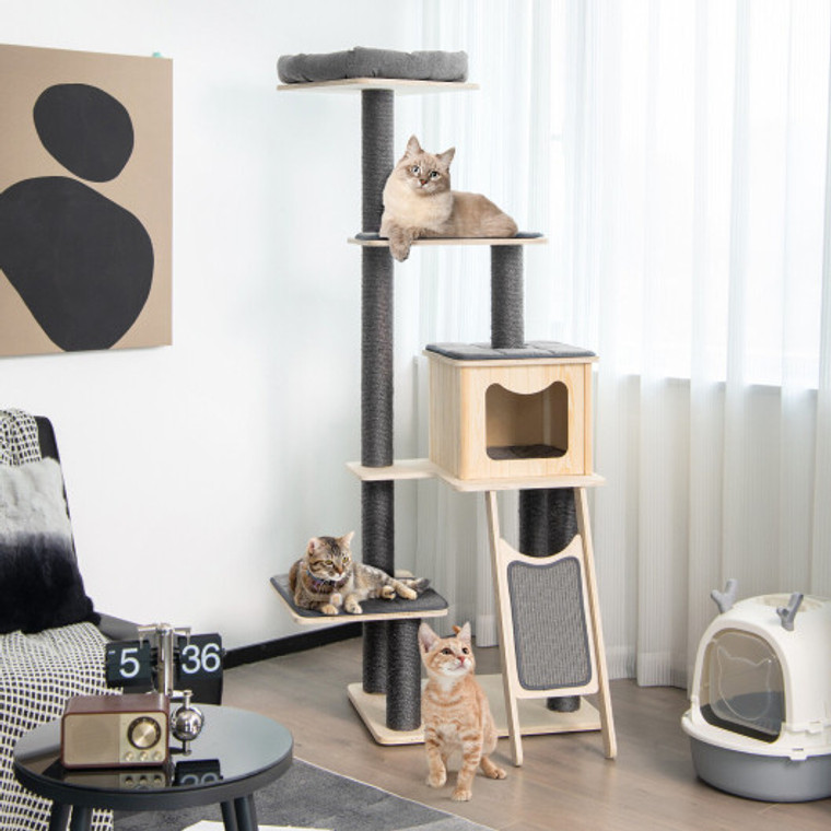 5-Tier Modern Wood Cat Tower With Washable Cushions-Gray PS7477GR