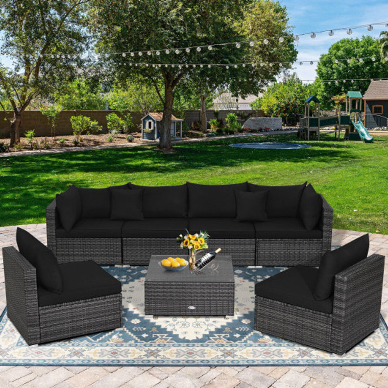 7 Pieces Patio Rattan Furniture Set With Sectional Sofa Cushioned-Black HW70439DK+