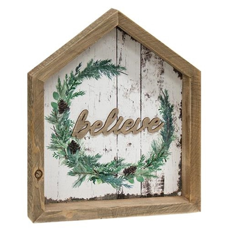 *Believe Christmas Wreath House Shadowbox Sign G30387 By CWI Gifts