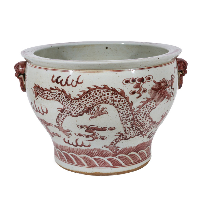 Rustic Maroon Red Dragon Planter With Lion Handles 1157A By Legend Of Asia