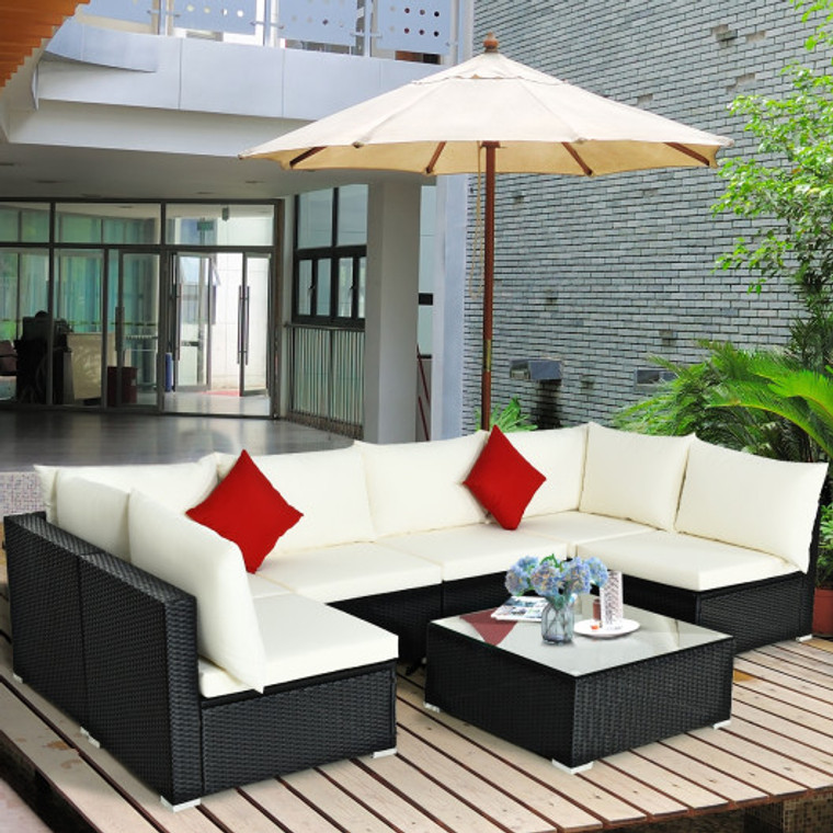 7-Piece Outdoor Sectional Wicker Patio Sofa Set With Tempered Glass Top-Beige HW66524BWH+