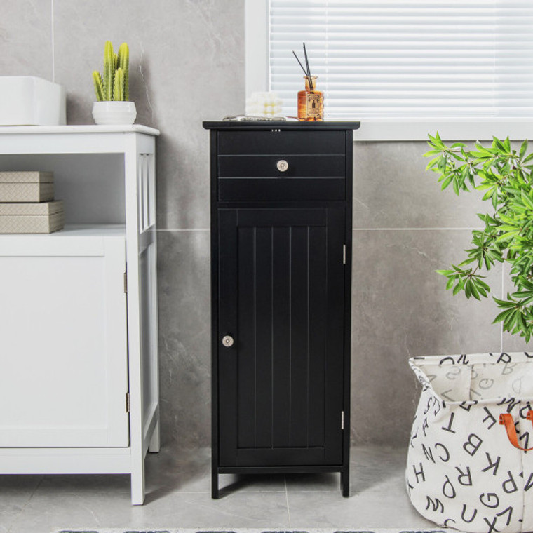 Wooden Bathroom Floor Storage Cabinet With Drawer And Shelf-Black HW66003BK