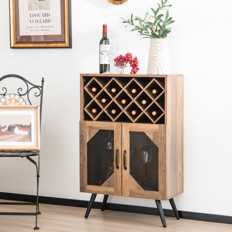 2-Door Farmhouse Kitchen Storage Bar Cabinet With Wine Rack And Glass Holder-Rustic Brown JV10520GR