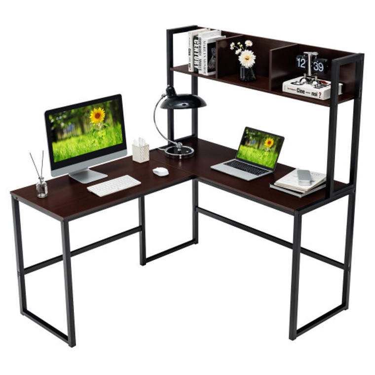 Industrial L-Shaped Desk Bookshelf 55 Inch Corner Computer Gaming Table-Dark Brown HW63364ZS