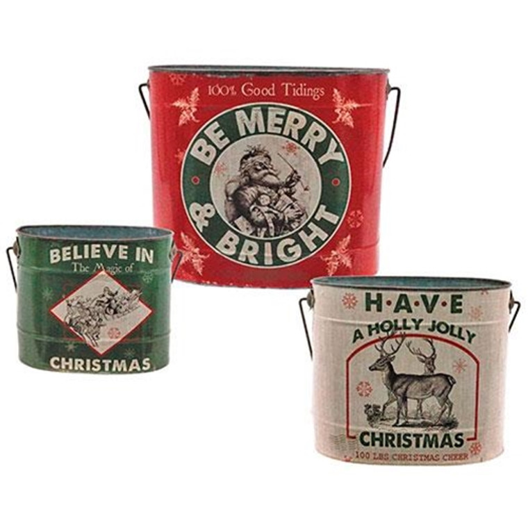 3/Set Merry & Bright Buckets GMBF2611 By CWI Gifts