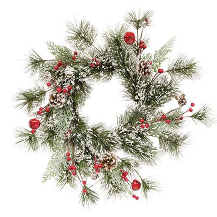 *Snowy Pine W/Red Bells & Berries Wreath 24" GRJAX2035 By CWI Gifts