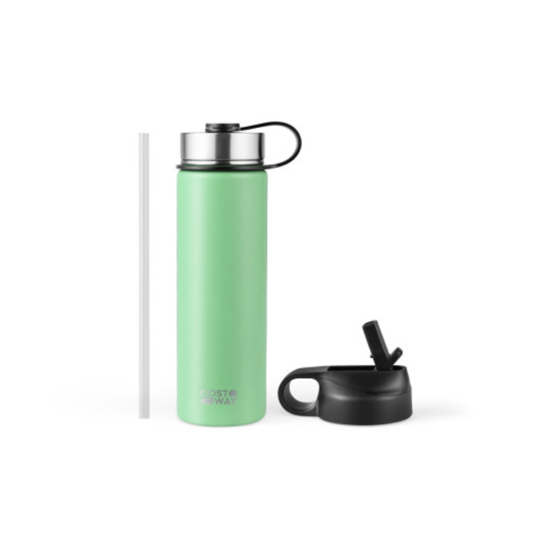 22 Oz Double-Walled Insulated Stainless Steel Water Bottle With 2 Lids And Straw-Green KC55427TU