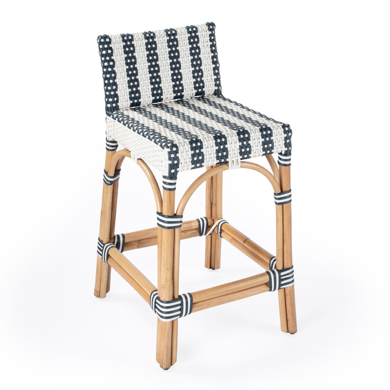 Butler Serienna Rectangular Rattan Low Back 24.5"Counter Stool, White And Navy Stripe 5585372 "Special"