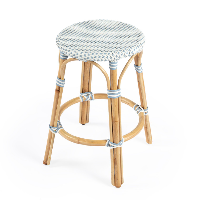 Butler Tobias Rattan Round 24" Counter Stool, White And Sky Blue Dot 9371194 "Special"