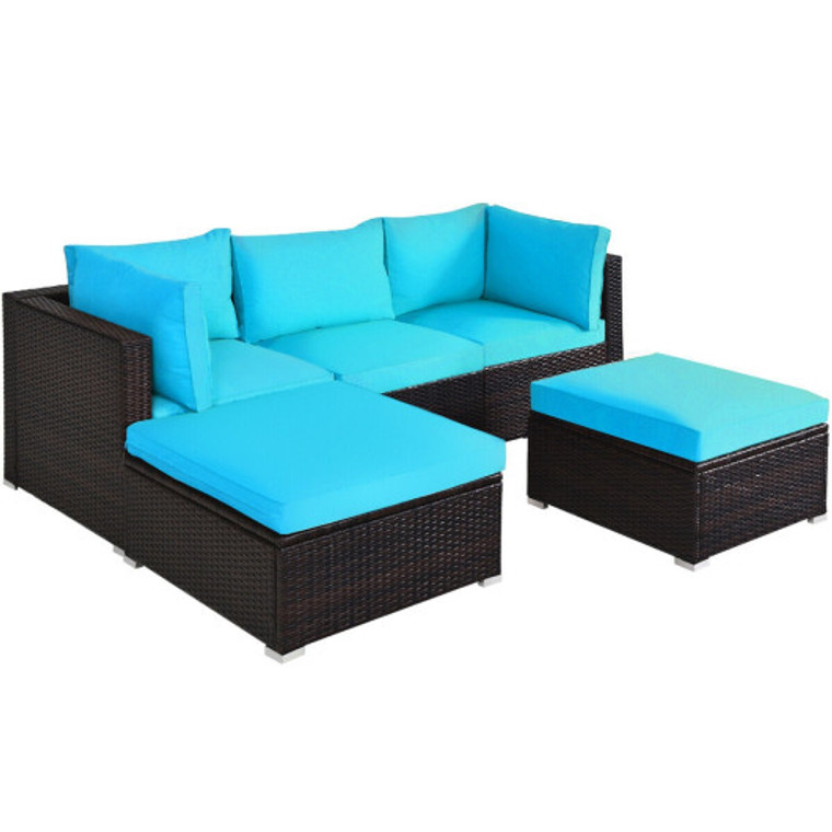 5 Pieces Patio Rattan Sectional Conversation Ottoman Furniture Set-Blue HW68678BTU+