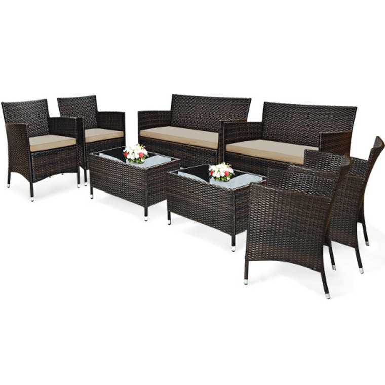 8 Pieces Patio Wicker Furniture Set With 2 Coffee Tables-Brown 2*HW67772BN