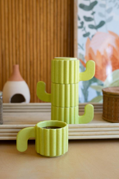 Set Of Four Stacking Ceramic Mugs - Cacti Mugs CHN1322 By Kalalou