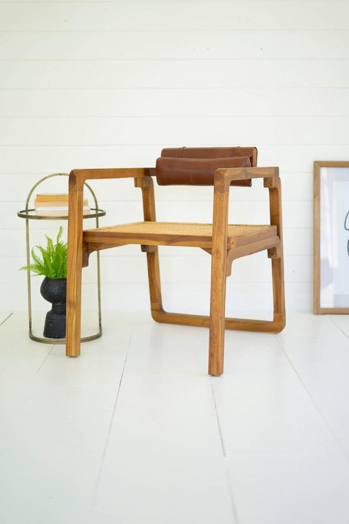 Bent Teak Arm Chair With Woven Seat And Leather Pad Back DAQ1014 By Kalalou
