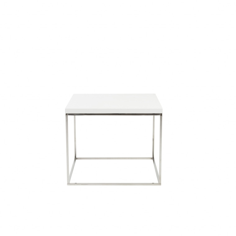 Homeroots Modern White Gloss And Chrome Cube Side Table 400527