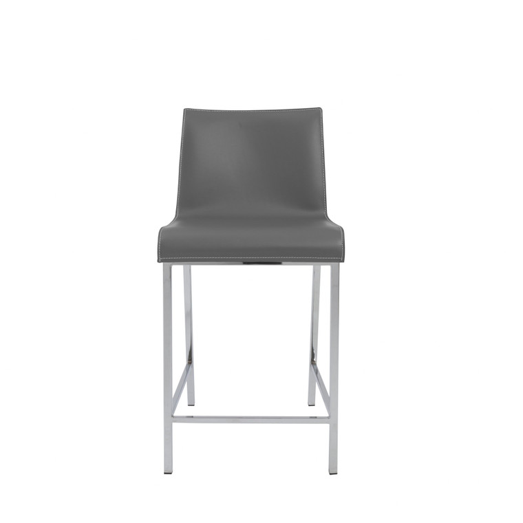 Homeroots Set Of Two Gray Leather And Steel Counter Stools 400590