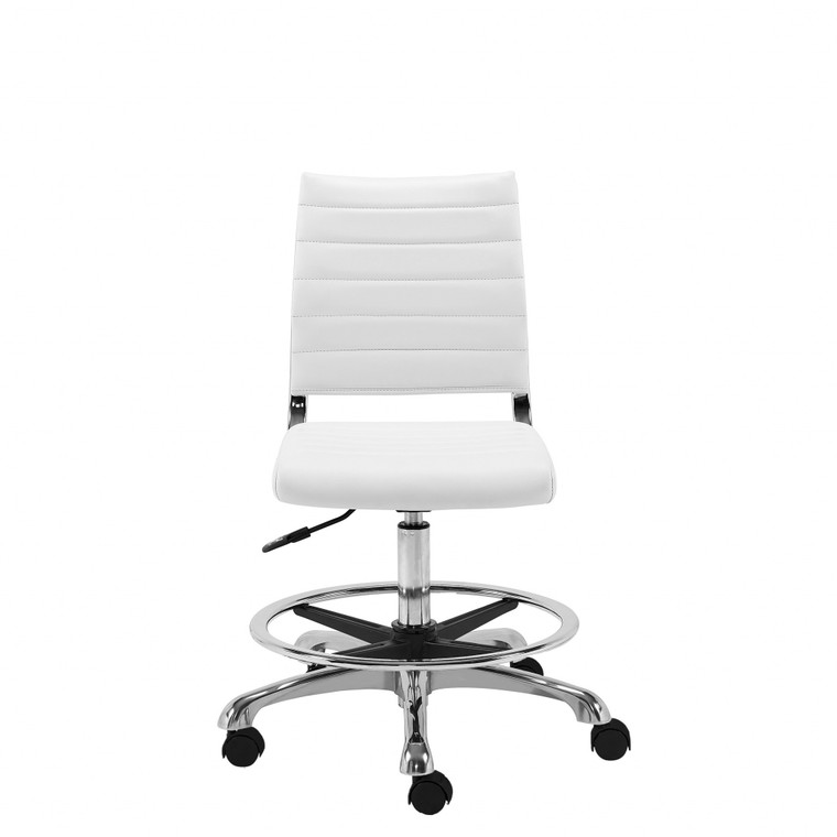 Homeroots White Faux Leather Adjustable Rolling Drafting Chair 400773