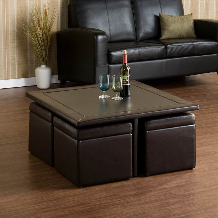 Homeroots Five Piece Dark Brown Faux Leather Coffee Table And Storage Ottoman Set 402084