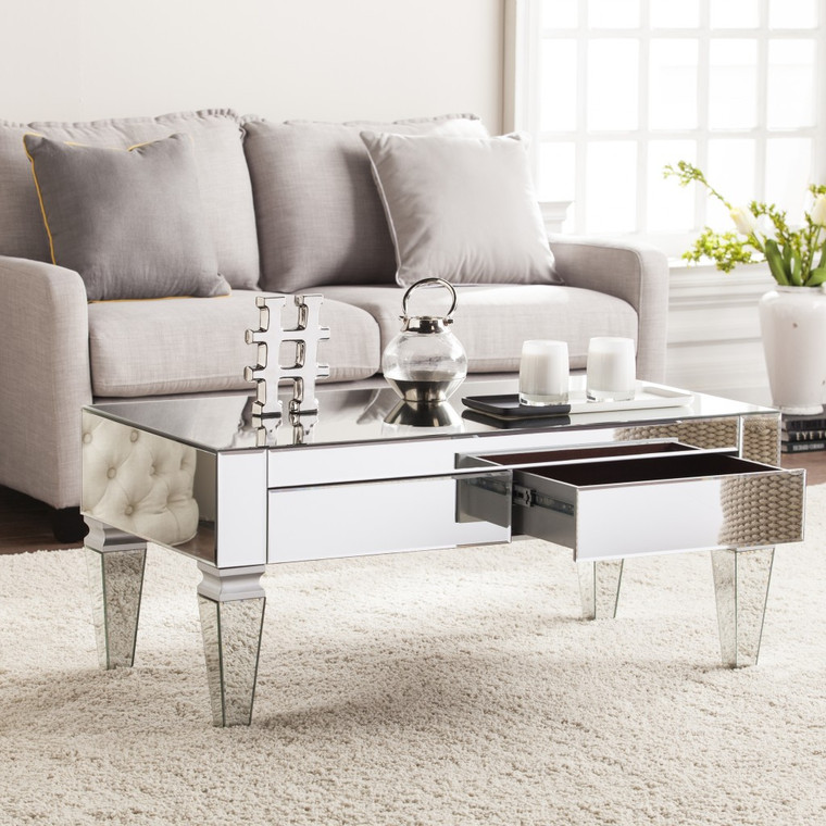 Homeroots 41" Silver Glam Mirrored Glass Rectangular Mirrored Coffee Table 402097