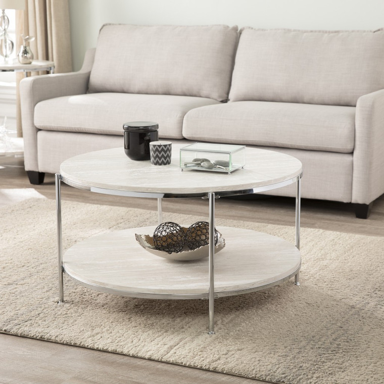 Homeroots 33" Chrome Faux Marble And Metal Round Coffee Table 402111