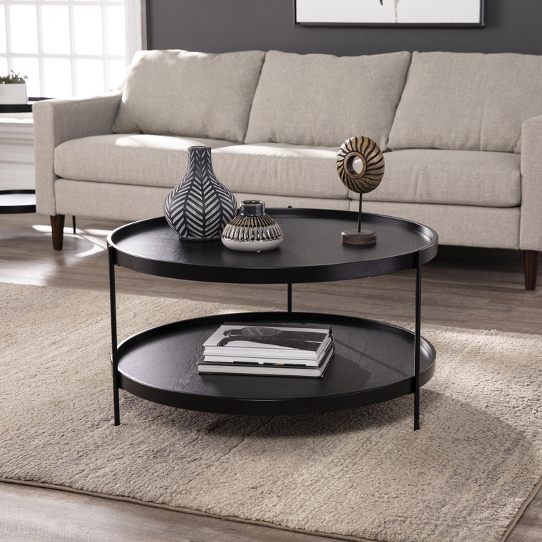 Homeroots 33" Black Manufactured Wood And Metal Round Coffee Table 402140
