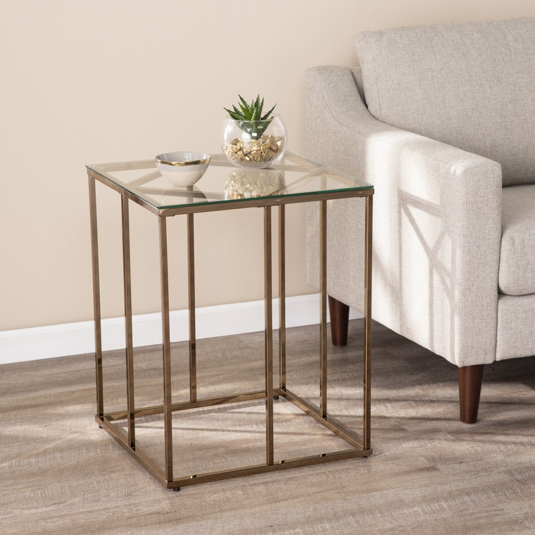 Homeroots 24" Champagne Glass And Iron Square End Table 402449