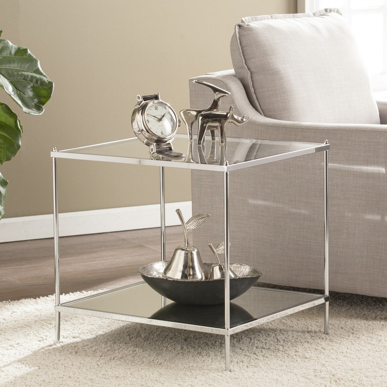Homeroots 22" Chrome Glass And Iron Square Mirrored End Table 402493