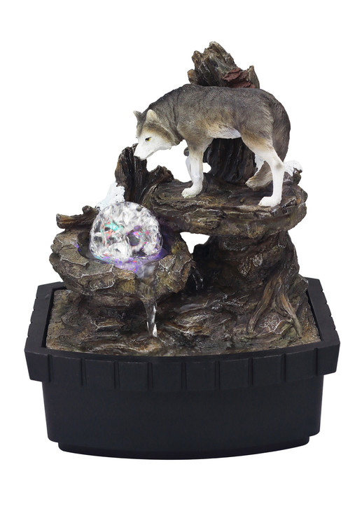 Homeroots 10" Black Polyresin Wolf Tabletop Fountain Sculpture 468304