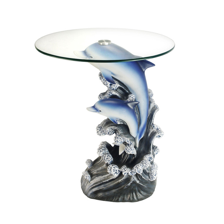 Homeroots 24" Blue And Clear Glass Polyresin Dolphins Round End Table 469039