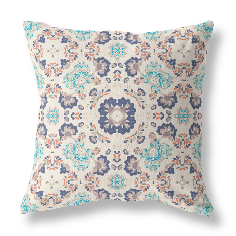 Homeroots 18" X 18" Off White And Blue Broadcloth Floral Throw Pillow 470809