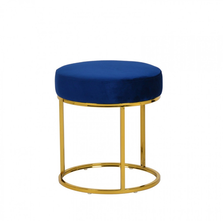 Homeroots Compact Blue Velvet And Gold Round Ottoman 473164