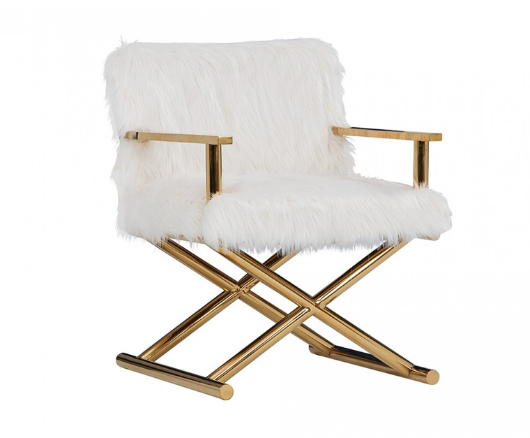 Homeroots Stylish White Faux Fur And Gold Steel Chair 473811
