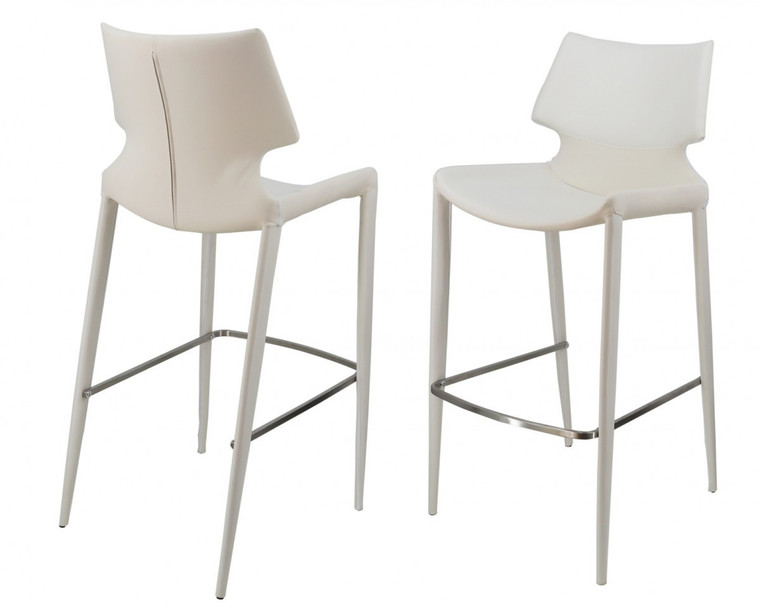 Homeroots Set Of Two 44" White Faux Leather And Silver Bar Height Bar Chairs With Footrest 473871