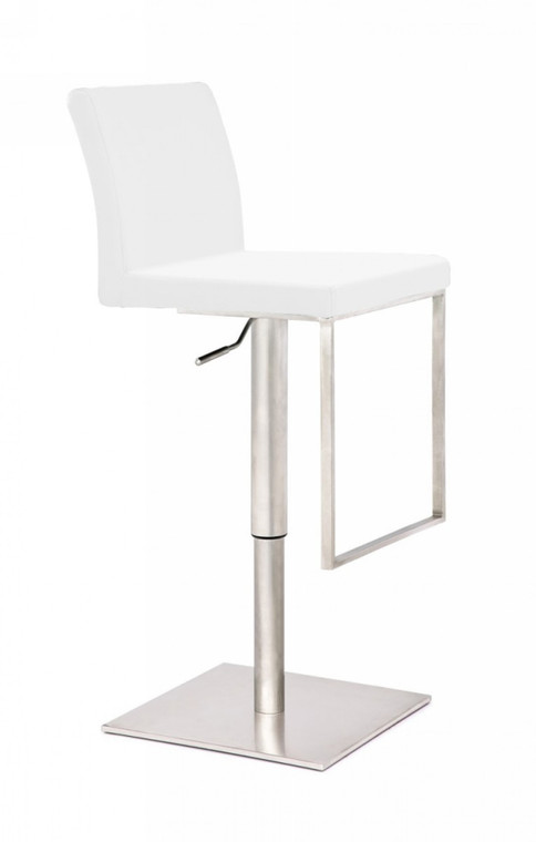 Homeroots 41" White Faux Leather And Silver Swivel Adjustable Bar Chair With Footrest 473895