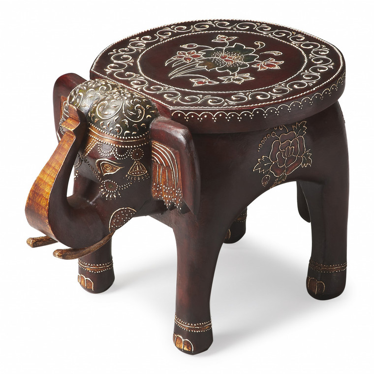 Homeroots 15" Warm Brown Hand Painted Floral 3D Elephant End Table 476442