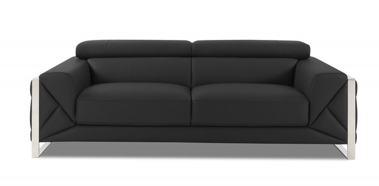 Homeroots 89" Dark Gray And Chrome Genuine Leather Standard Sofa 476517