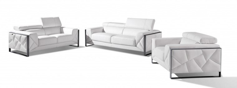 Homeroots 89" White And Chrome Genuine Leather Standard Sofa 476519