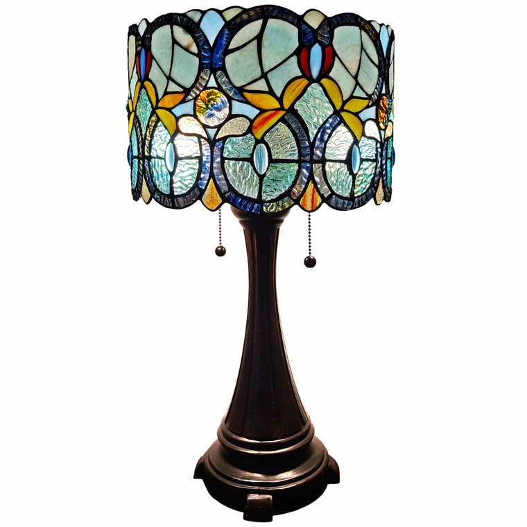 Homeroots 21" Stained Glass Two Light Jeweled Floral Drum Table Lamp 478150