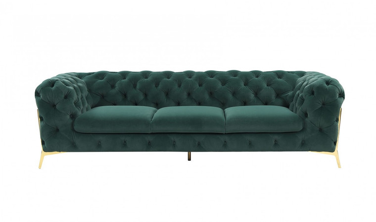 Homeroots Glam 97" Green Velvet And Gold Accent Sofa 480926