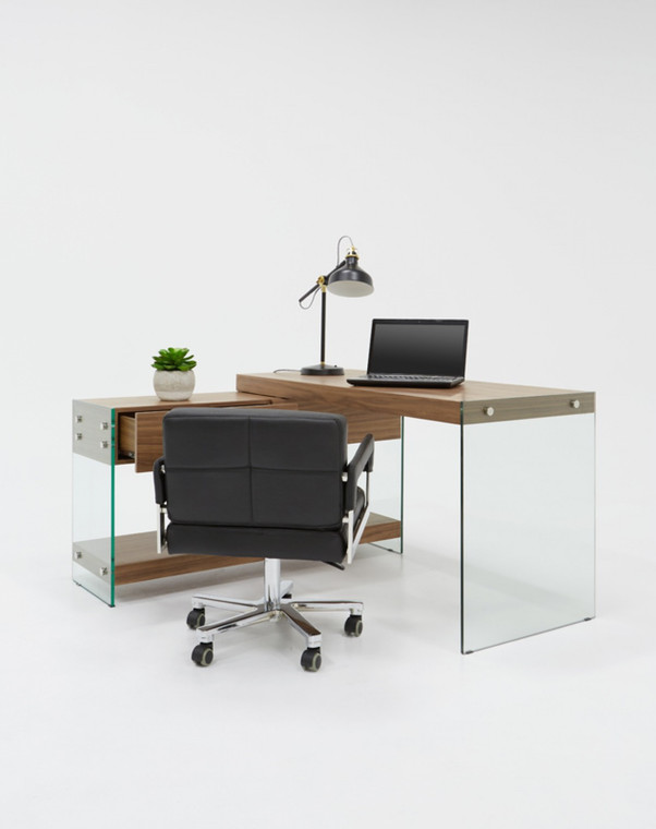 Homeroots 55" Walnut And Glass L Shape Writing Office Desk 482425