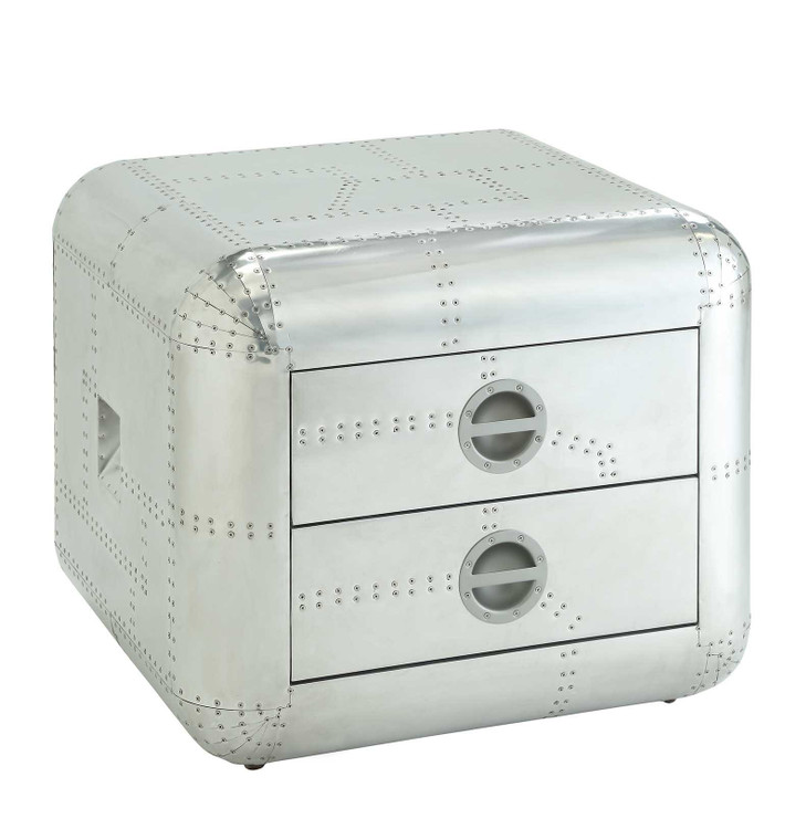 Homeroots 22" Silver Aluminum Aviator Trunk Style Square End Table With Two Drawers 485841