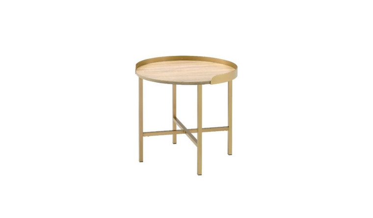 Homeroots 22" Gold And Oak Manufactured Wood And Metal Round End Table 485845