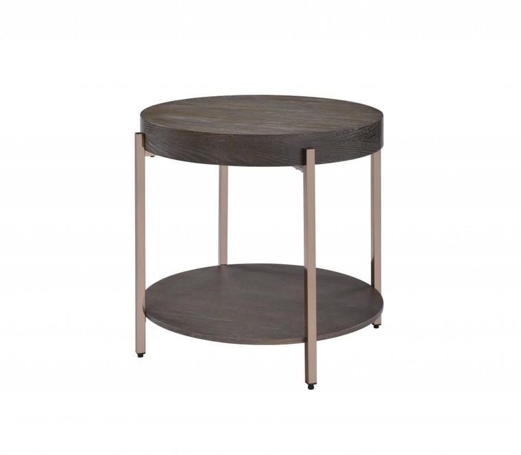 Homeroots 23" Champagne Metal And Dark Oak Manufactured Wood Round Two Tier End Table 485852