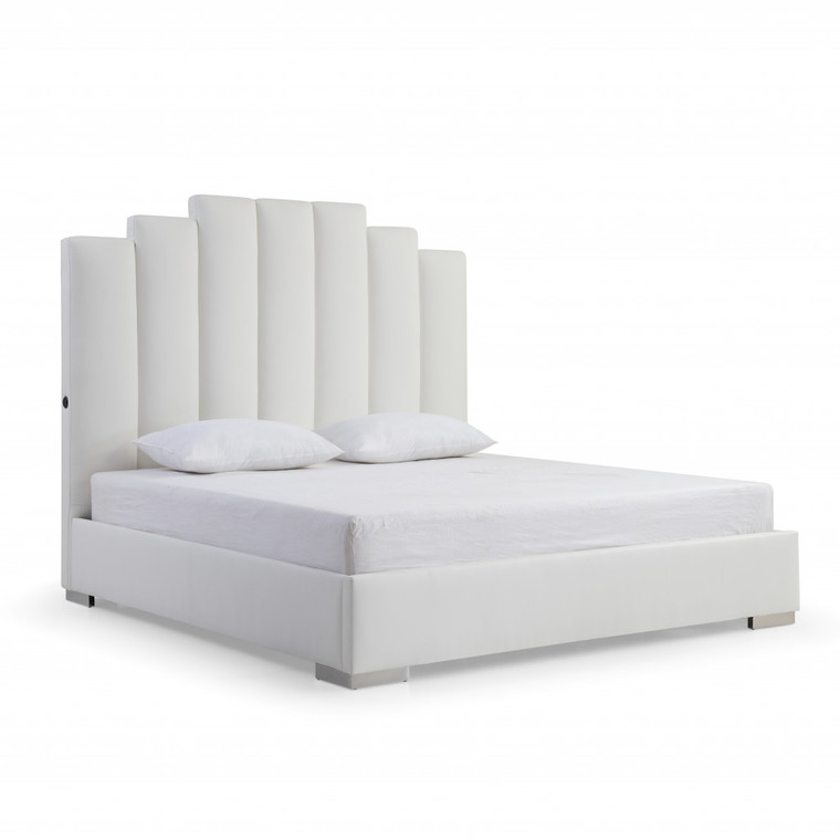Homeroots Queen White Vertical Channel Faux Leather Bed With Usb 486082