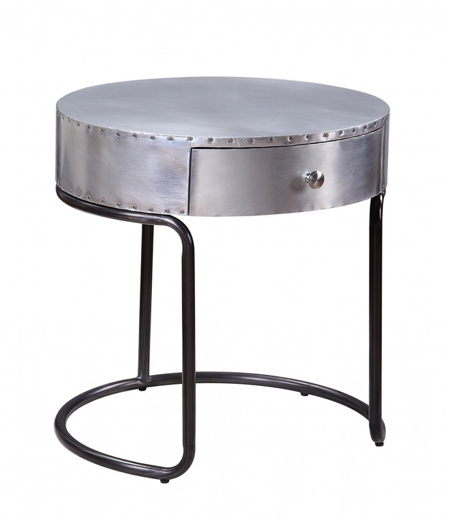 Homeroots 21" Aluminum And Silver Aluminum And Manufactured Wood Round End Table With Drawer 486384