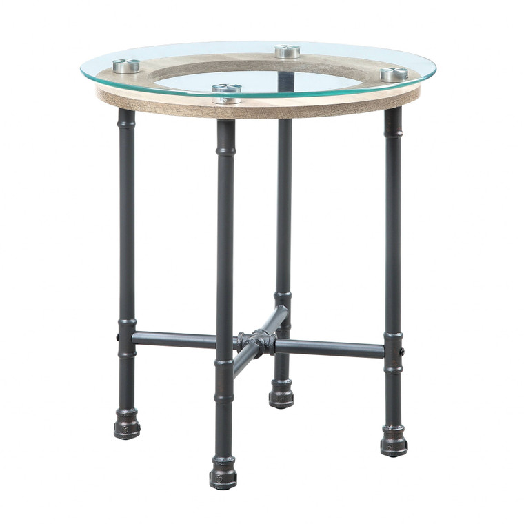 Homeroots 24" Sandy Gray And Clear Glass And Metal Round End Table 486410