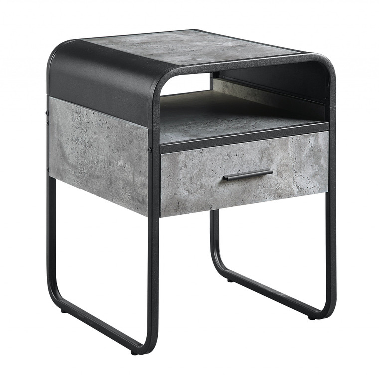 Homeroots 22" Black And Concrete Gray Manufactured Wood And Metal Square End Table With Drawer And Shelf 486420