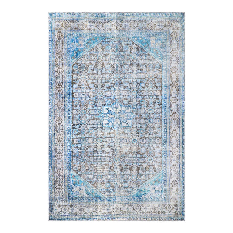 Homeroots 5' X 7' Shades Of Azure Oriental Medallion Stain Resistant Area Rug 486613