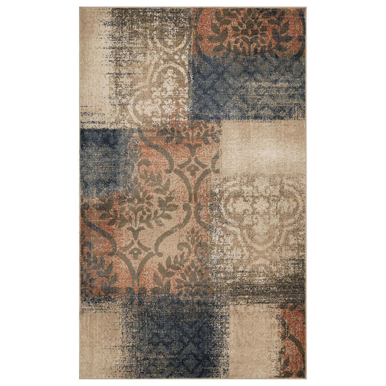 Homeroots 5' X 8' Navy And Salmon Damask Distressed Stain Resistant Area Rug 486766